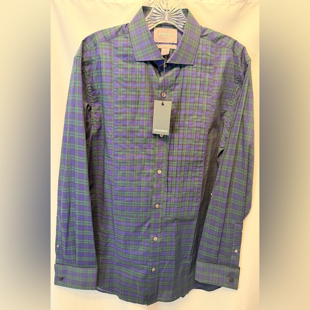 NWT BONOBOS Men’s 16 L Slim Fit Tuxedo Shirt Tartan Blue Green Plaid French Cuff